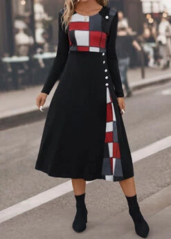 Black Button Plaid Three Quarter Length Sleeve Dress -Modlily Shop 339980 P 16927993218362