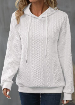 White Drawstring Detail Long Sleeve Hoodie -Modlily Shop 339984 P 16932192684182