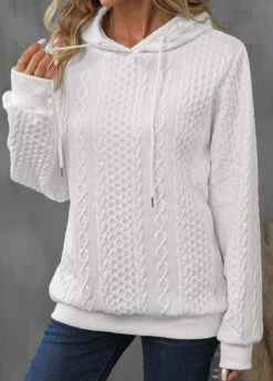 White Drawstring Detail Long Sleeve Hoodie -Modlily Shop 339984 P 16932192689673