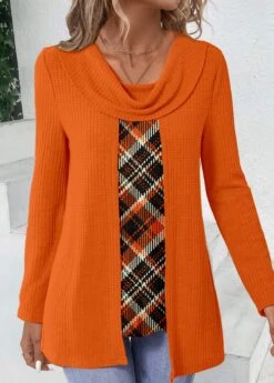 Orange Fake 2in1 Plaid Long Sleeve T Shirt -Modlily Shop 339990 P 1691660773703