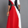 Red Pocket Three Quarter Length Sleeve Maxi Dress