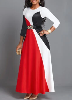 Red Pocket Three Quarter Length Sleeve Maxi Dress -Modlily Shop 339996 P 16915582560802