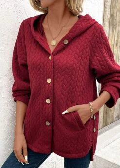 Wine Red Pocket Long Sleeve Hooded Coat -Modlily Shop 340000 P 16929593081042
