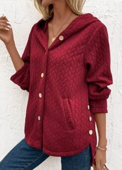 Wine Red Pocket Long Sleeve Hooded Coat -Modlily Shop 340000 P 16929593085993