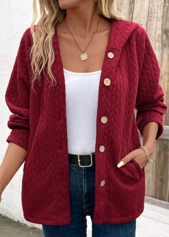 Wine Red Pocket Long Sleeve Hooded Coat