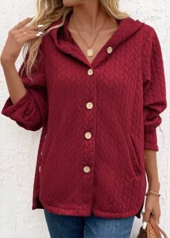 Wine Red Pocket Long Sleeve Hooded Coat -Modlily Shop 340000 P 16929593088534