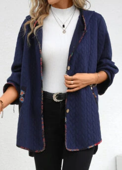 Navy Pocket Long Sleeve Hooded Coat -Modlily Shop 340001 P 16946867223543
