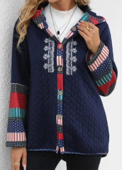 Navy Patchwork Tribal Print Long Sleeve Hooded Coat -Modlily Shop 340002 P 16946033314123