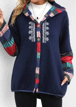 Navy Patchwork Tribal Print Long Sleeve Hooded Coat -Modlily Shop 340002 P 16946033319730