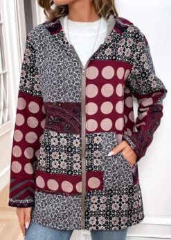 Wine Red Geometric Print Long Sleeve Hooded Coat -Modlily Shop 340011 P 16974184920555