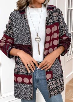 Wine Red Geometric Print Long Sleeve Hooded Coat -Modlily Shop 340011 P 16974184921163