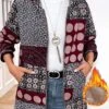 Wine Red Geometric Print Long Sleeve Hooded Coat
