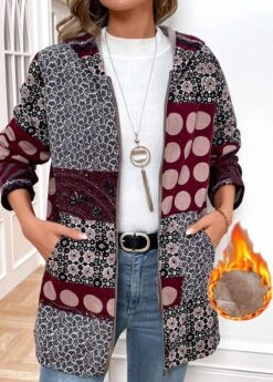 Wine Red Geometric Print Long Sleeve Hooded Coat