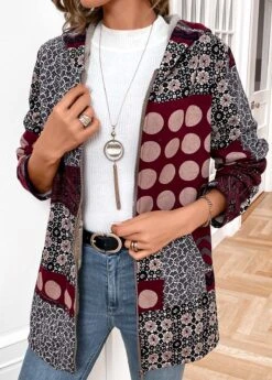 Wine Red Geometric Print Long Sleeve Hooded Coat -Modlily Shop 340011 P 16974184927212