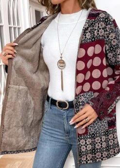 Wine Red Geometric Print Long Sleeve Hooded Coat -Modlily Shop 340011 P 16974184928554