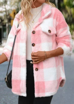 Light Pink Button Plaid Long Sleeve Coat -Modlily Shop 340013 P 16952995350583