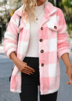 Light Pink Button Plaid Long Sleeve Coat -Modlily Shop 340013 P 16952995350832