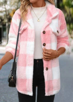 Light Pink Button Plaid Long Sleeve Coat -Modlily Shop 340013 P 16952995352284