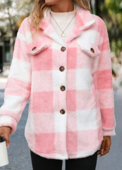 Light Pink Button Plaid Long Sleeve Coat -Modlily Shop 340013 P 16952995353375