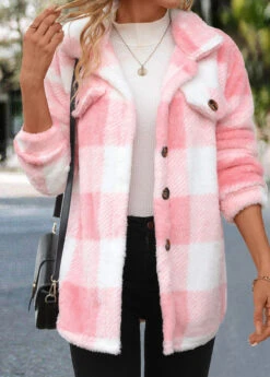 Light Pink Button Plaid Long Sleeve Coat