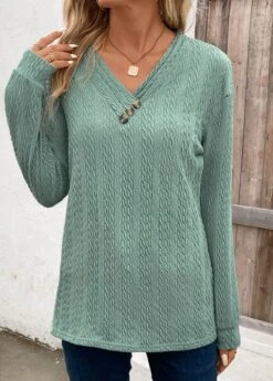 Green Patchwork Long Sleeve V Neck Sweatshirt -Modlily Shop 340080 P 16932192613412