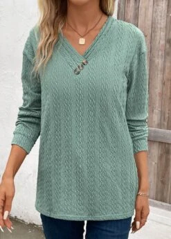 Green Patchwork Long Sleeve V Neck Sweatshirt -Modlily Shop 340080 P 16932192614914