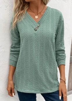 Green Patchwork Long Sleeve V Neck Sweatshirt