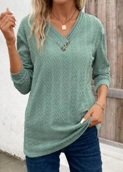 Green Patchwork Long Sleeve V Neck Sweatshirt -Modlily Shop 340080 P 16932192616293