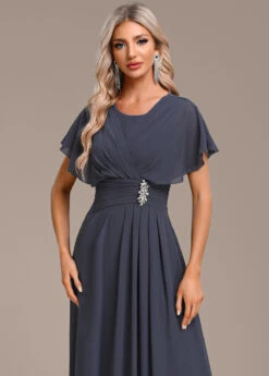 Navy Zipper Short Sleeve Round Neck Maxi Dress -Modlily Shop 340105 P 16934804612315
