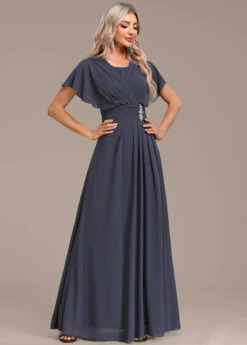 Navy Zipper Short Sleeve Round Neck Maxi Dress -Modlily Shop 340105 P 16934804613712