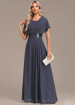 Navy Zipper Short Sleeve Round Neck Maxi Dress -Modlily Shop 340105 P 16934804614394