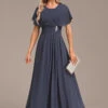 Navy Zipper Short Sleeve Round Neck Maxi Dress -Modlily Shop 340105 P 16934804614510