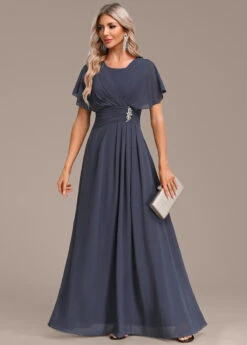 Navy Zipper Short Sleeve Round Neck Maxi Dress