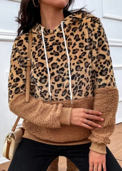 Dark Camel Patchwork Leopard Long Sleeve Hoodie