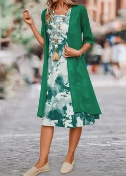 Green Two Piece Ink Painting Print Dress And Cardigan 13 Green Two Piece Ink Painting Print Dress And Cardigan -Modlily Shop 340215 P 16933725835615