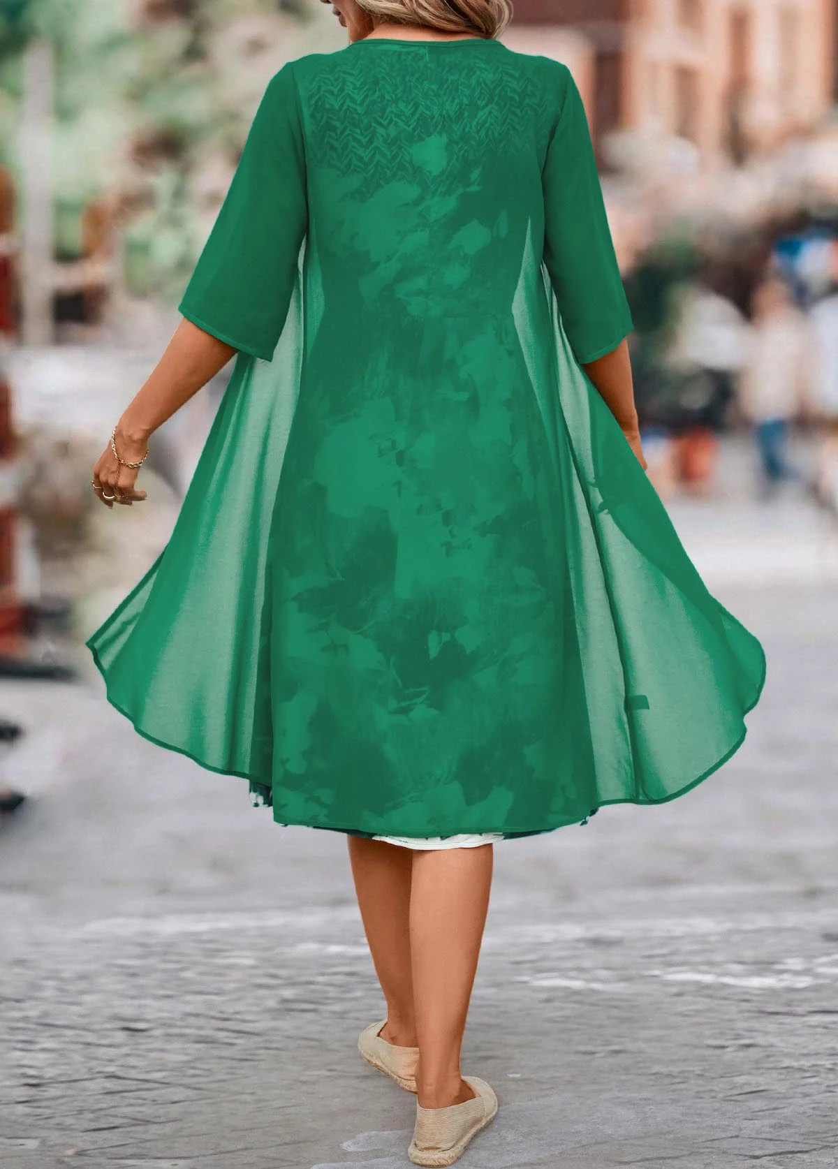 Green Two Piece Ink Painting Print Dress And Cardigan 4 Green Two Piece Ink Painting Print Dress And Cardigan - Image 2