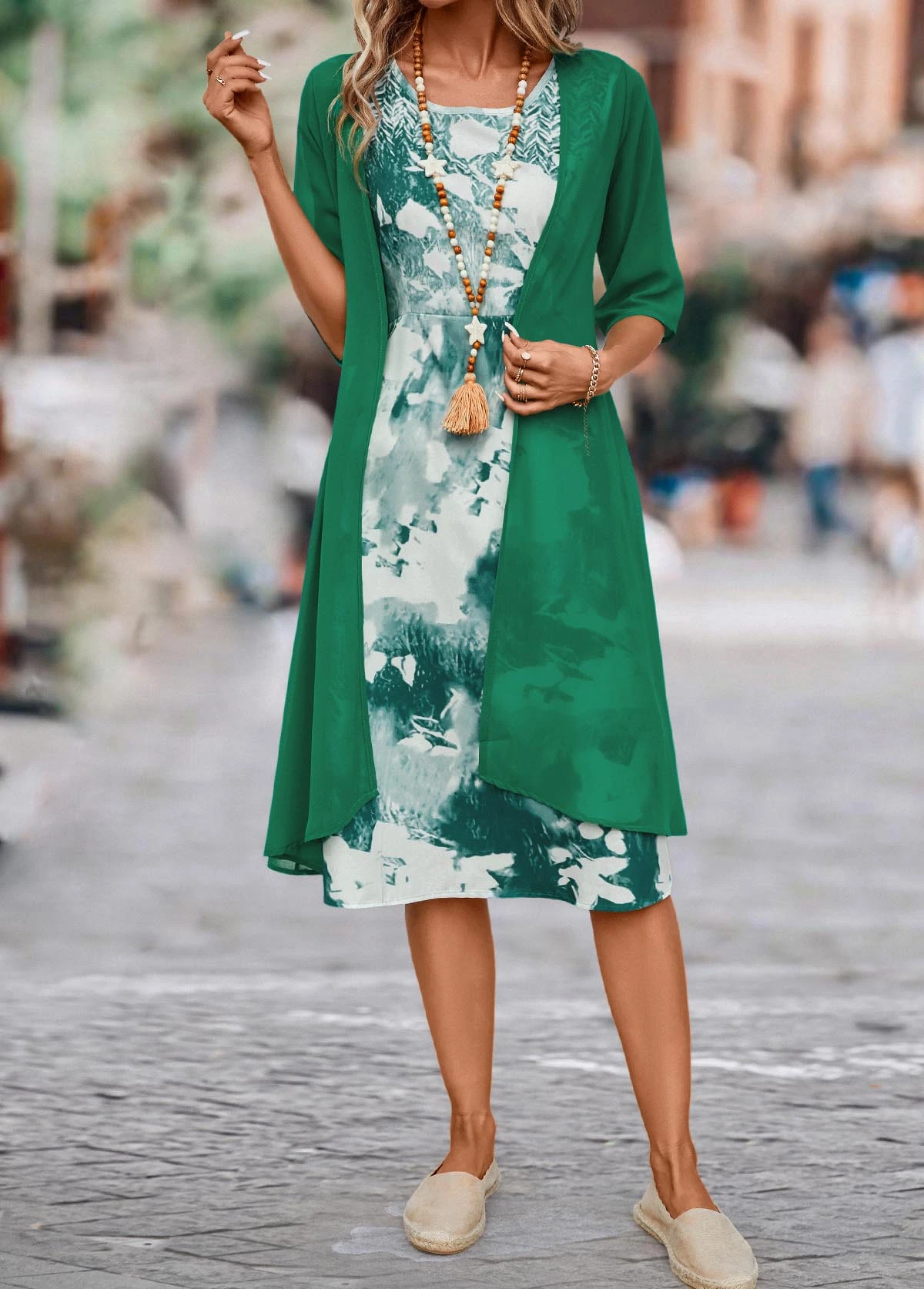 Green Two Piece Ink Painting Print Dress And Cardigan 3 Green Two Piece Ink Painting Print Dress And Cardigan