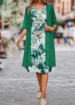 Green Two Piece Ink Painting Print Dress And Cardigan 12 Green Two Piece Ink Painting Print Dress And Cardigan -Modlily Shop 340215 P 16933725839414