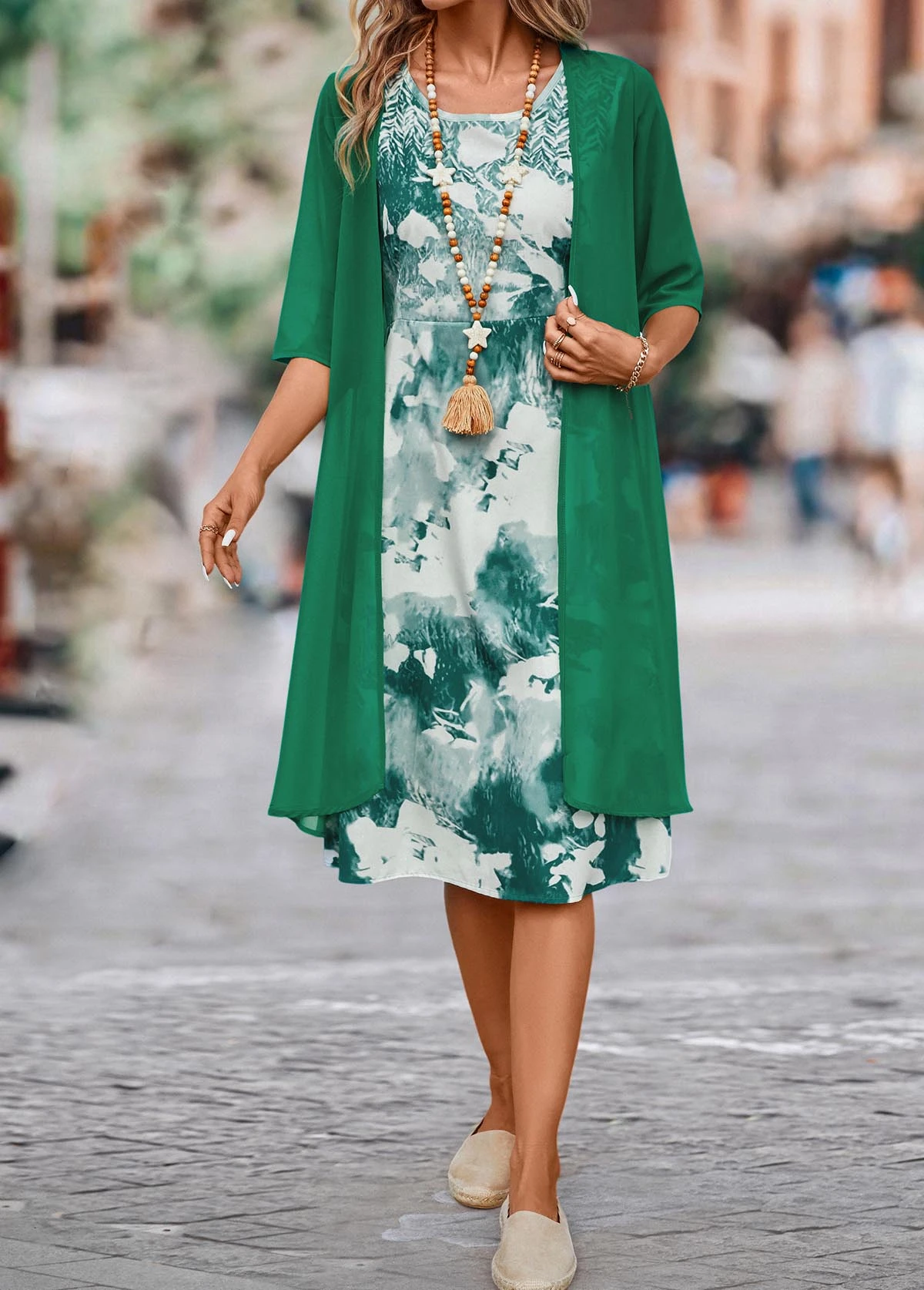Green Two Piece Ink Painting Print Dress And Cardigan 7 Green Two Piece Ink Painting Print Dress And Cardigan - Image 5