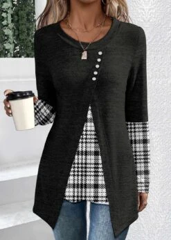 Black Patchwork Plaid Long Sleeve T Shirt