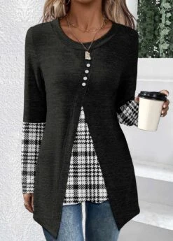 Black Patchwork Plaid Long Sleeve T Shirt -Modlily Shop 340242 P 1692612621654