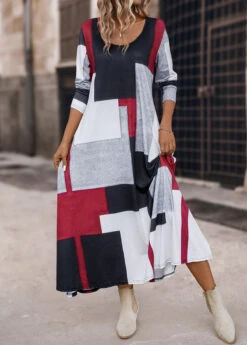 Multi Color Pocket Geometric Print Maxi Dress -Modlily Shop 340316 P 16933725010502