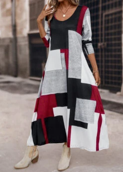 Multi Color Pocket Geometric Print Maxi Dress -Modlily Shop 340316 P 16933725012234