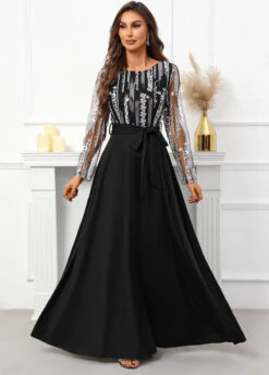 Black Breathable Belted Long Sleeve Scoop Neck Dress