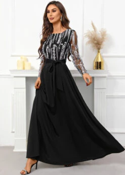 Black Breathable Belted Long Sleeve Scoop Neck Dress -Modlily Shop 340326 P 16951188223725