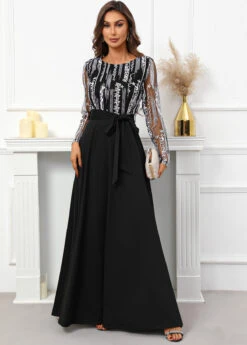 Black Breathable Belted Long Sleeve Scoop Neck Dress -Modlily Shop 340326 P 16951188224522