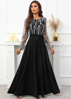 Black Breathable Belted Long Sleeve Scoop Neck Dress -Modlily Shop 340326 P 16951188224844