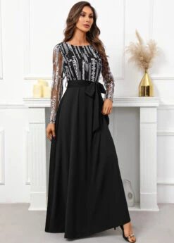 Black Breathable Belted Long Sleeve Scoop Neck Dress -Modlily Shop 340326 P 16951188229393