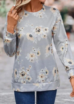 Grey Patchwork Floral Print Long Sleeve Sweatshirt -Modlily Shop 340408 P 16933724304005
