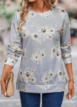 Grey Patchwork Floral Print Long Sleeve Sweatshirt